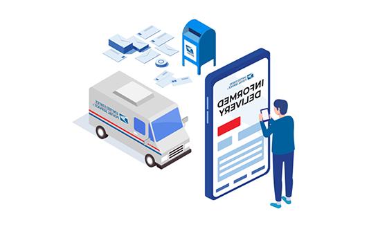 Graphic of a person viewing an Informed Delivery preview of their mail on a smartphone with physical mail and a USPS delivery truck in the background 